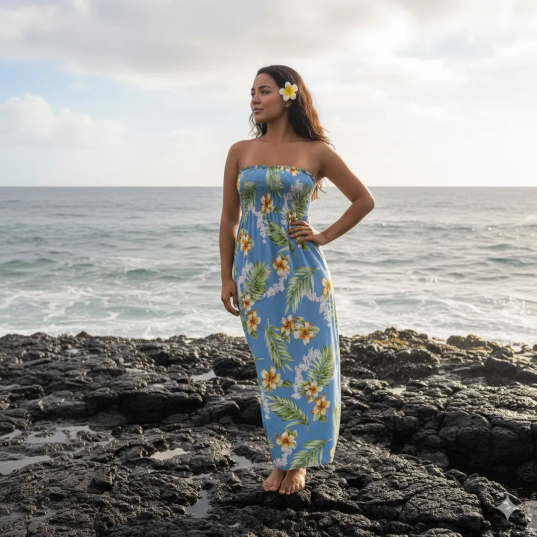 Atoll Blue Maxi Hawaiian Dress with Hibiscus Print Lavahut Atoll Blue Maxi Hawaiian Dress with Hibiscus Print Lavahut