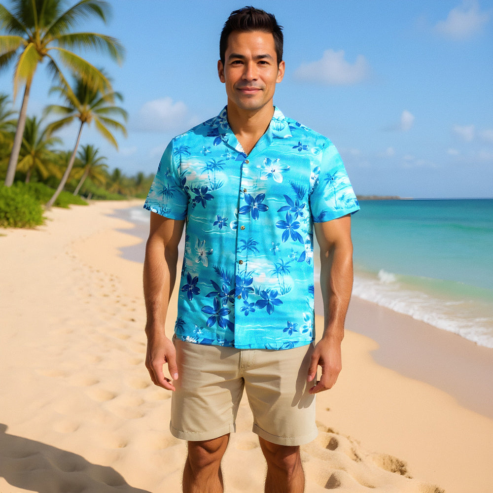Aurora Blue Hawaiian Rayon Shirt Made in Hawaii