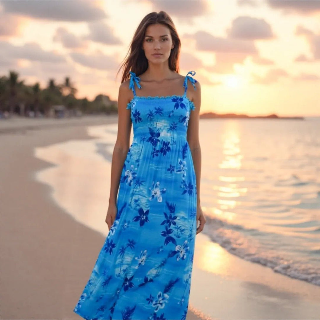 Aurora Blue Maxi Hawaiian Dress – Authentic Hawaiian Long Dresses by Lavahut