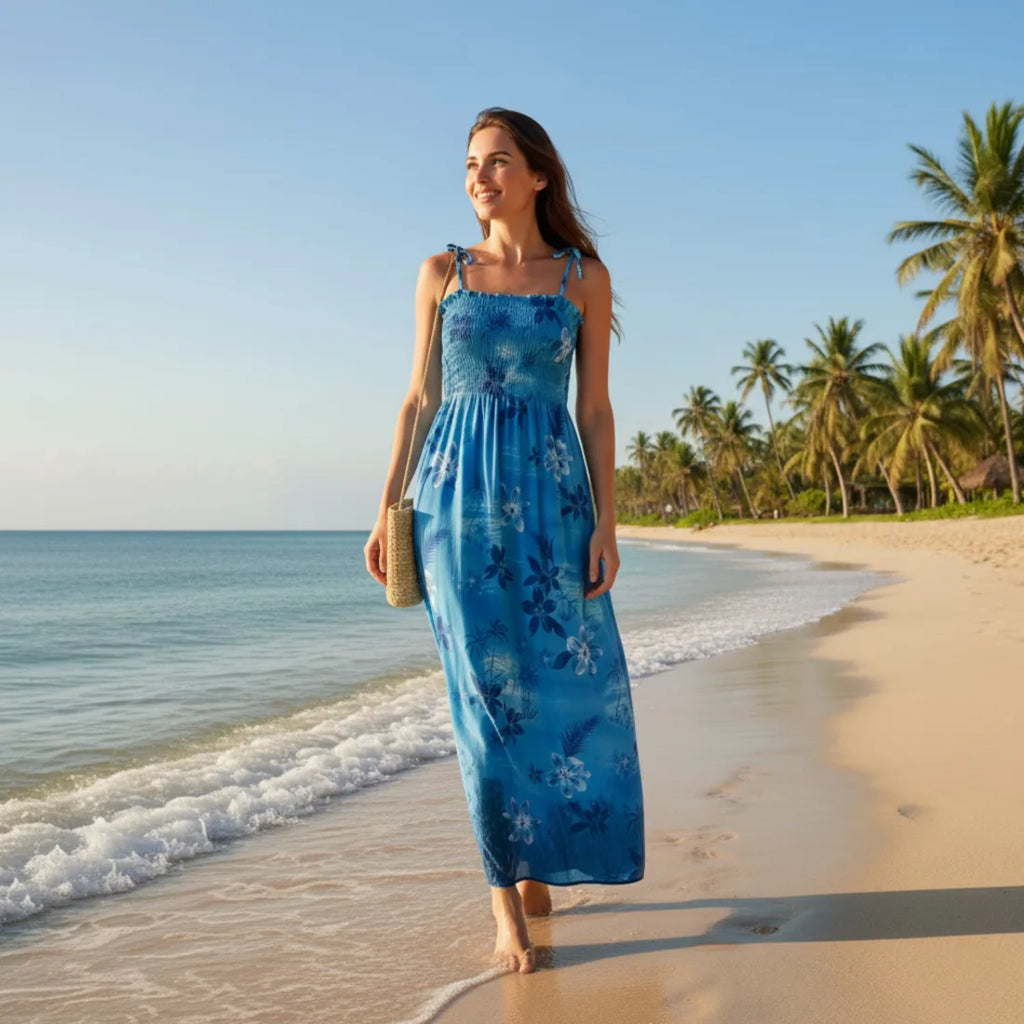 Aurora Blue Maxi Hawaiian Dress with Tropical Motifs