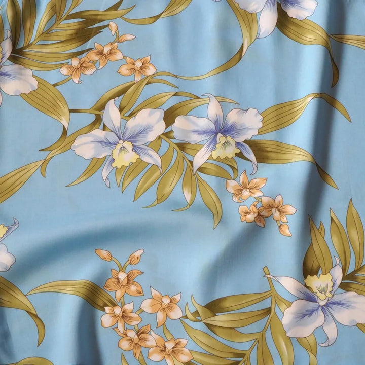 Bamboo Orchid Baby Blue Hawaiian Rayon Fabric by the Yard - Made in Hawaii