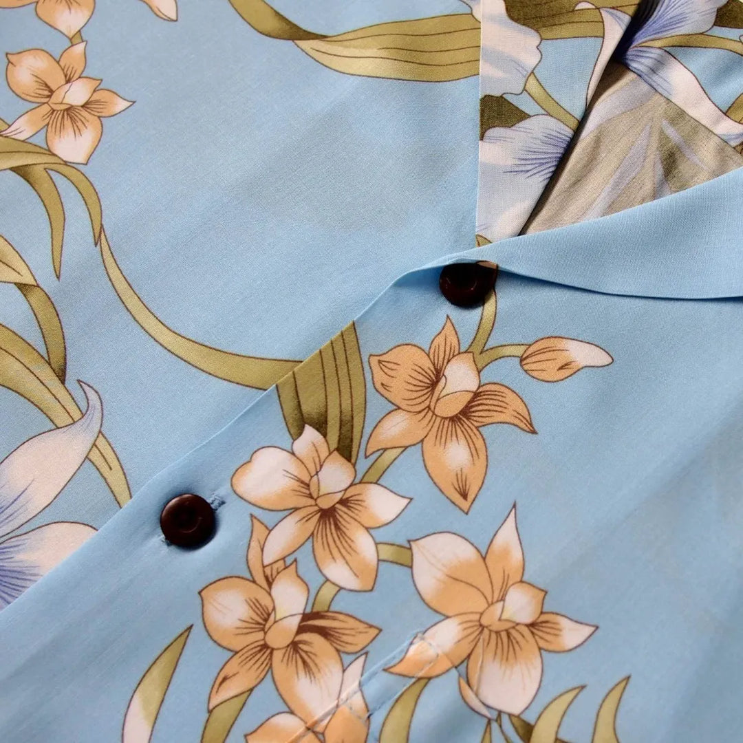 Bamboo Orchid Baby Blue Hawaiian Rayon Shirt - Made in Hawaii