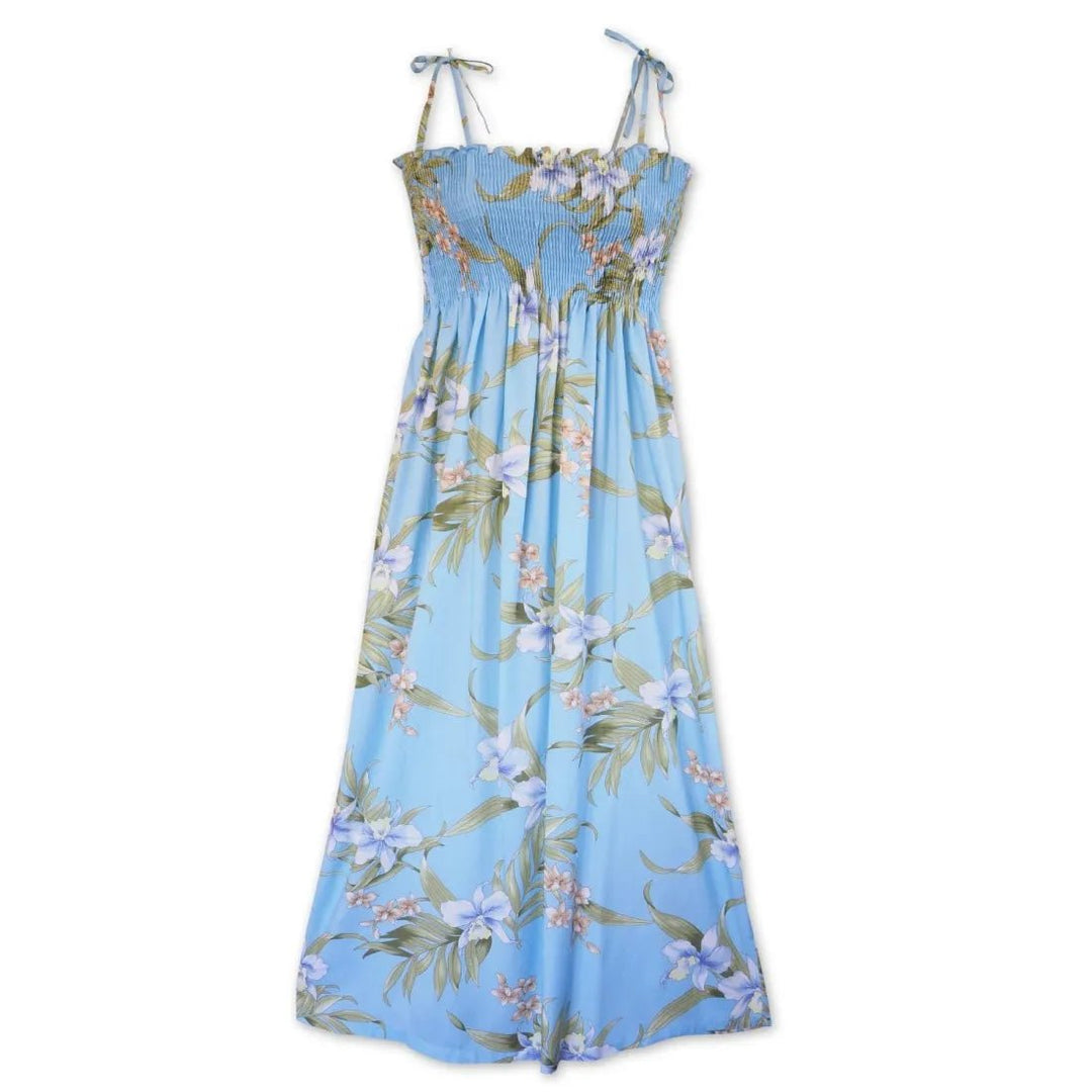 Bamboo Orchid Baby Blue Maxi Hawaiian Dress – Authentic Hawaiian Long Dresses by Lavahut