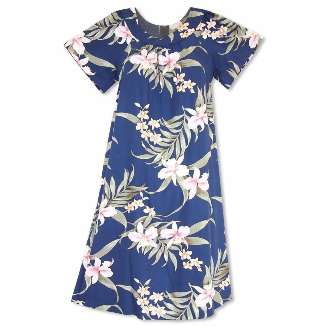 Bamboo Orchid Blue Hawaiian Rayon Tea Muumuu Dress - Made in Hawaii