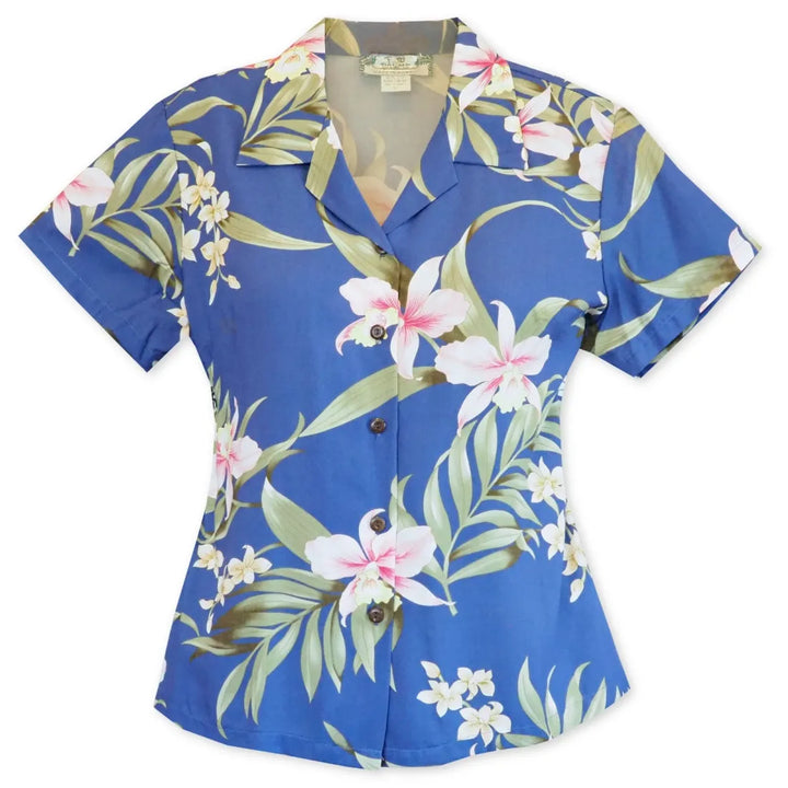 Bamboo Orchid Blue Lady’s Hawaiian Rayon Blouse - Made in Hawaii