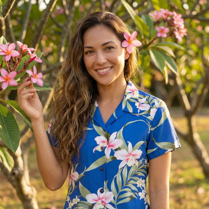 Bamboo Orchid Blue Women’s Hawaiian Rayon Shirt - Made in Hawaii