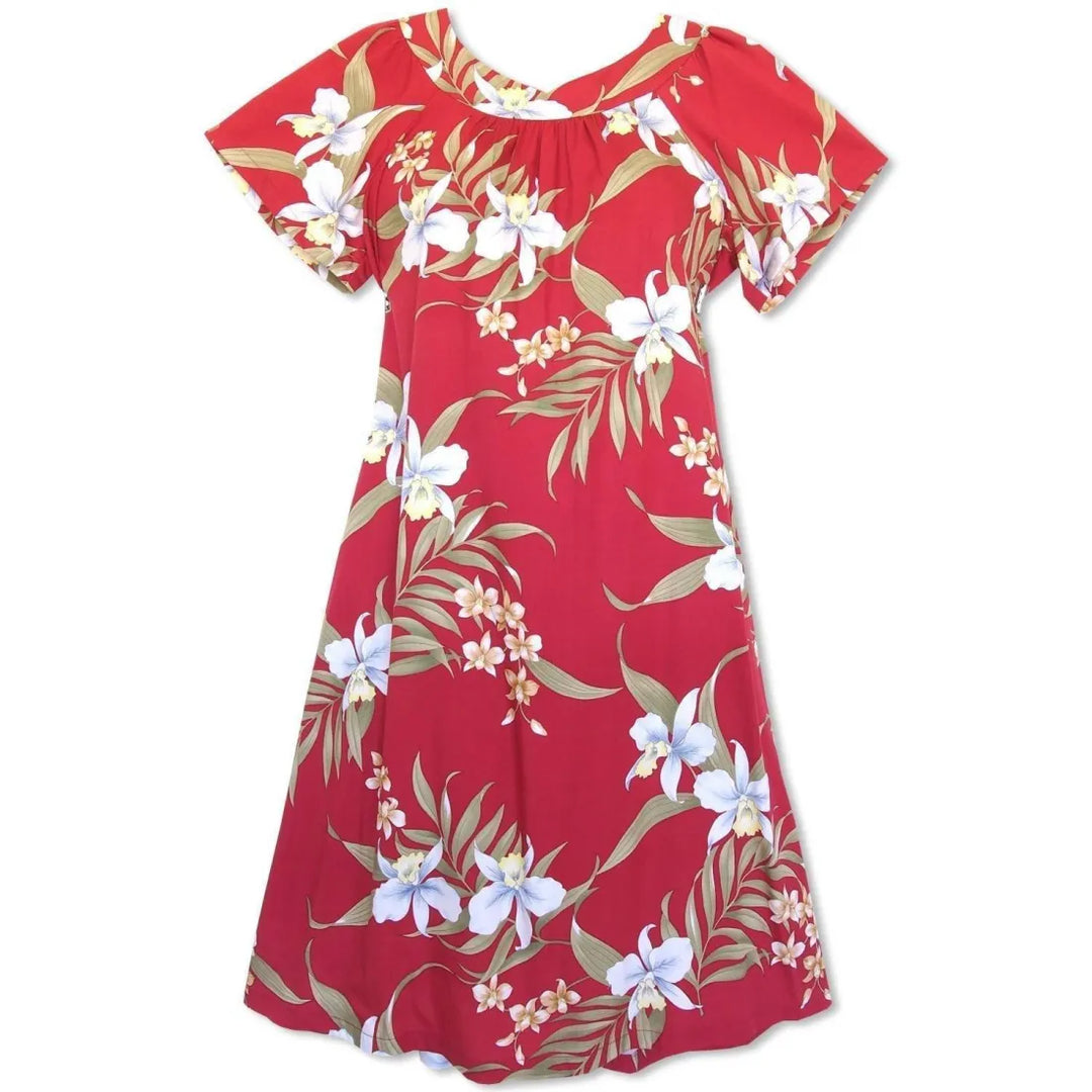 Bamboo Orchid Red Hawaiian Rayon Tea Muumuu Dress - Made in Hawaii