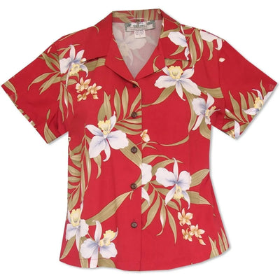Bamboo Orchid Red Lady’s Hawaiian Rayon Blouse - Made In Hawaii
