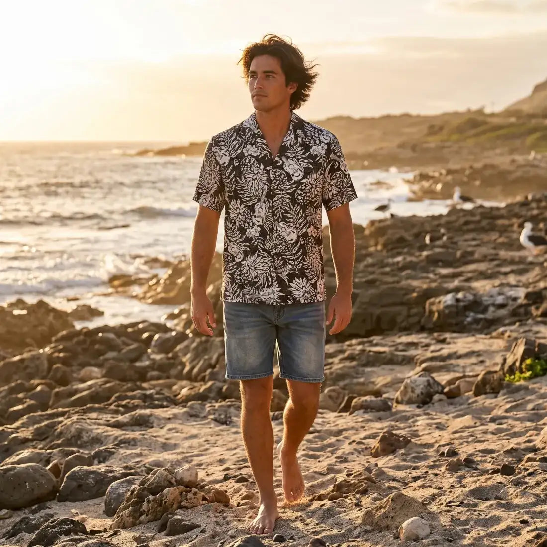 Ukulele Serenade Black Hawaiian Rayon Shirt - Made in Hawaii