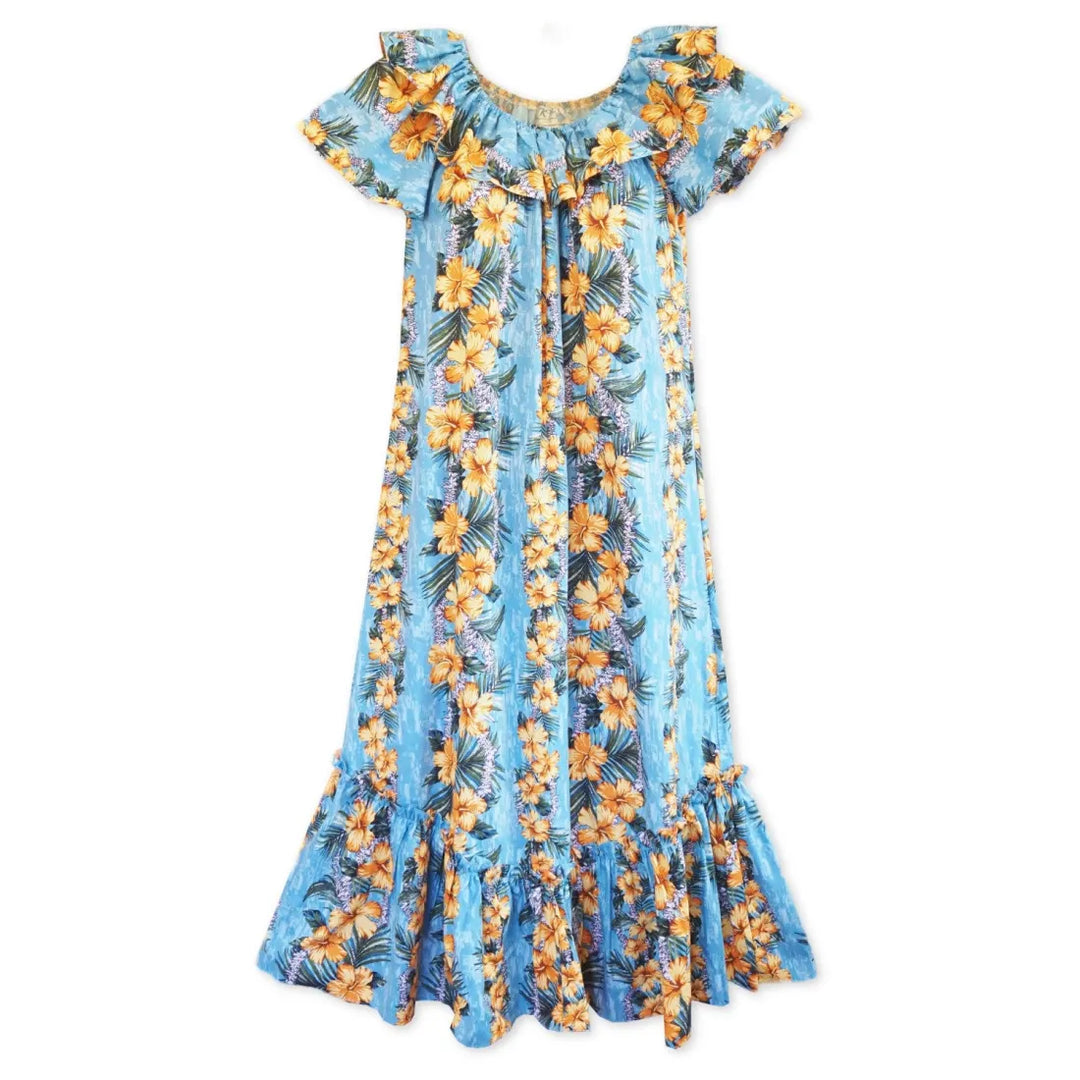 Blue Flourish Long Ruffle Hawaiian Muumuu Dress - Made in Hawaii