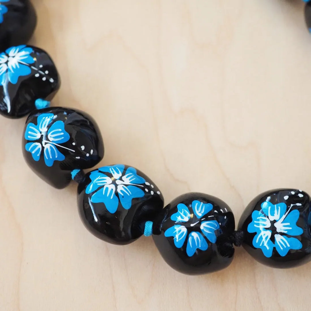 Blue Hibiscus Black Kukui Nut Hawaiian Lei - Made in Hawaii