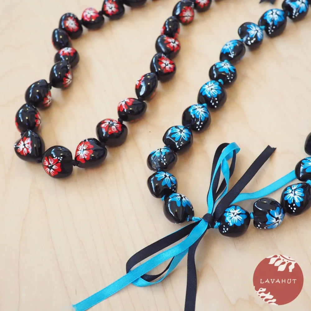 Blue Hibiscus Black Kukui Nut Hawaiian Lei - Made in Hawaii