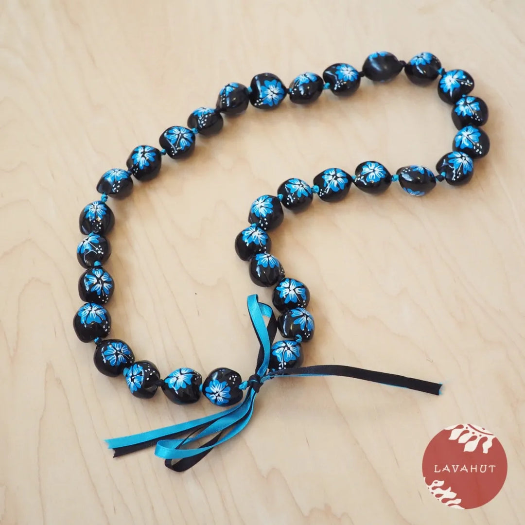 Blue Hibiscus Black Kukui Nut Hawaiian Lei - Made in Hawaii