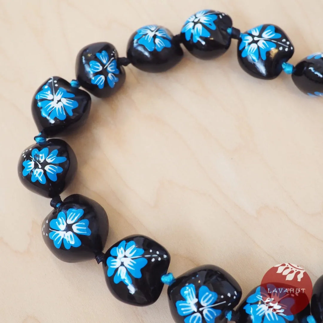 Blue Hibiscus Black Kukui Nut Hawaiian Lei - Made in Hawaii