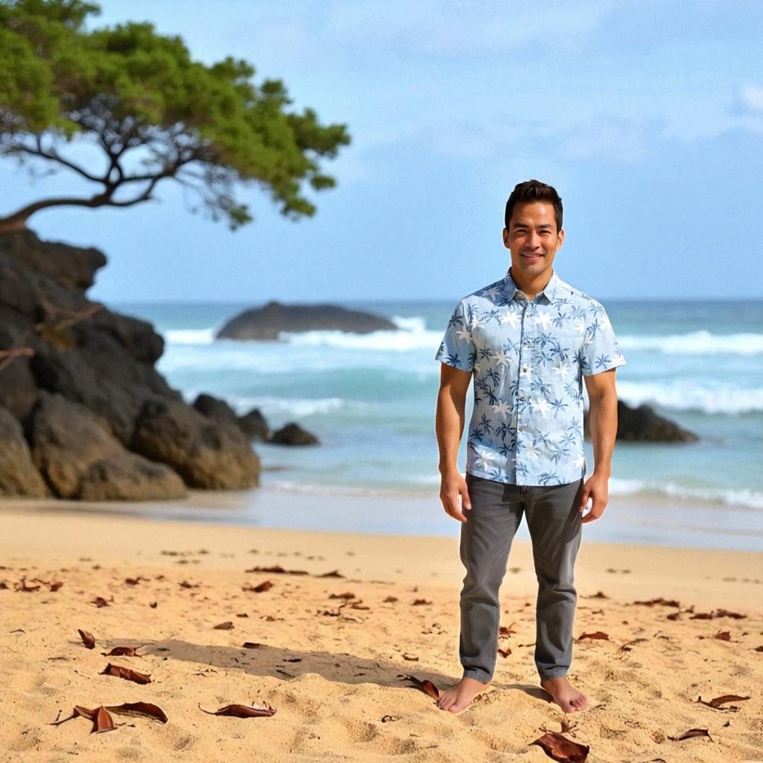 Blue Palm Beach Hawaiian Reverse Shirt Made in Hawaii