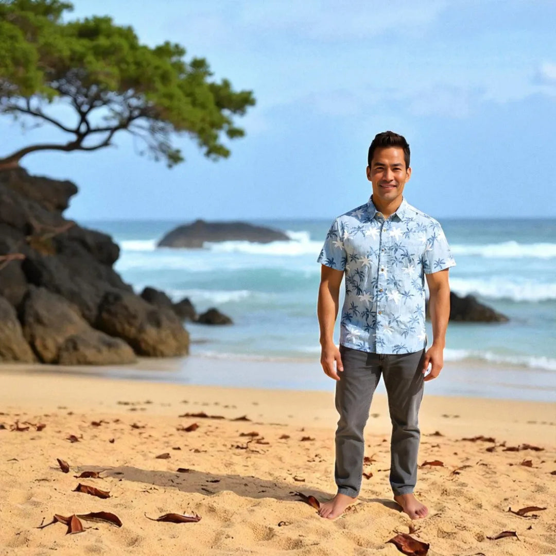 Blue Palm Beach Hawaiian Reverse Shirt - Made in Hawaii