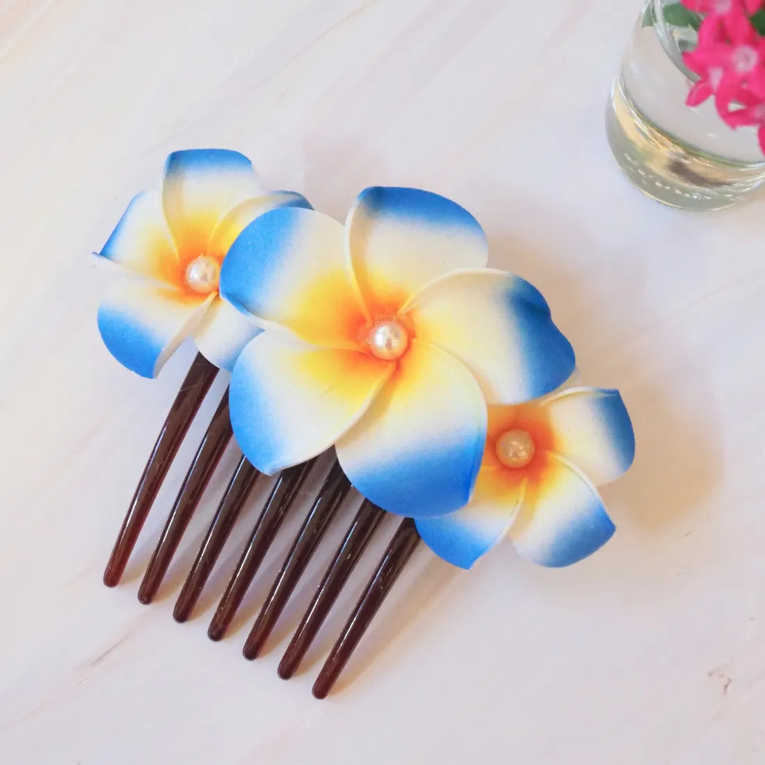 Blue Pearls & Plumeria Hair Comb - Made in Hawaii