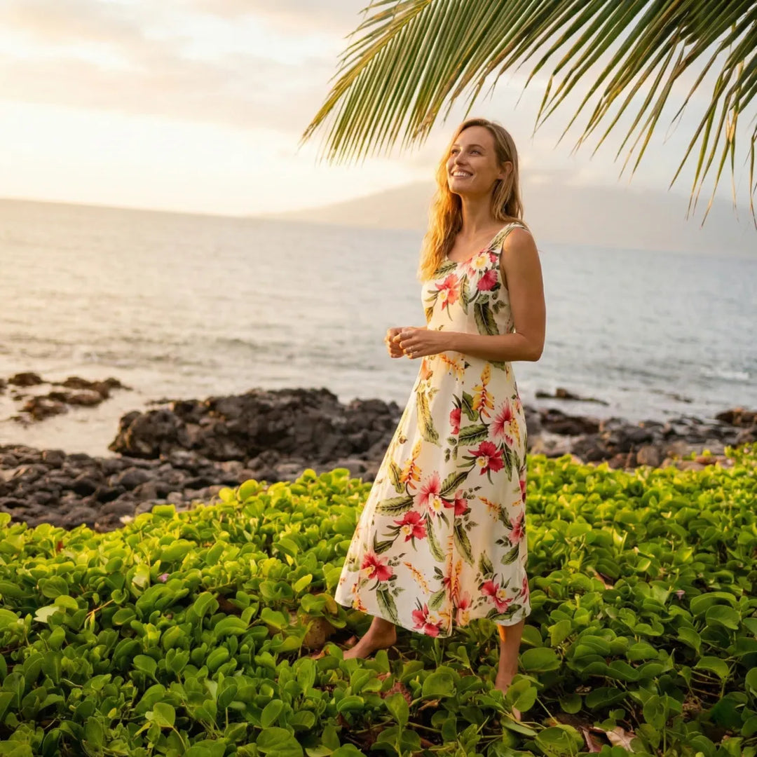 Cloud Cream Darling Hawaiian Midi Dress for Elegance Lavahut Cloud Cream Darling Hawaiian Midi Dress for Elegance Lavahut