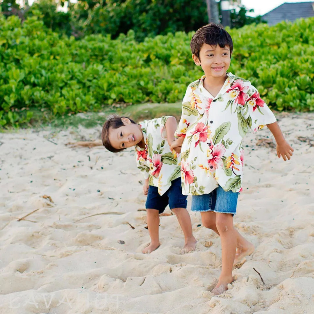 Cloud Cream Hawaiian Boy Shirt with Real Coconut Buttons Vintage Tropical Print B527 Lavahut