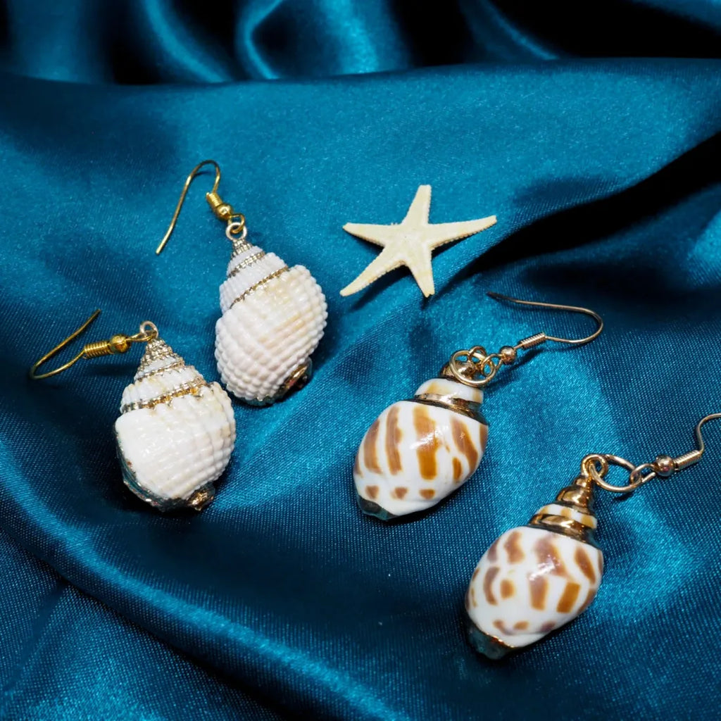 Unique Conch Seashell Drop Earrings with Hand-Painted Gold Finish