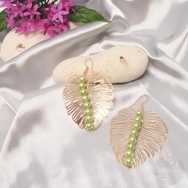 Emerald Monstera Golden Earrings - Made in Hawaii