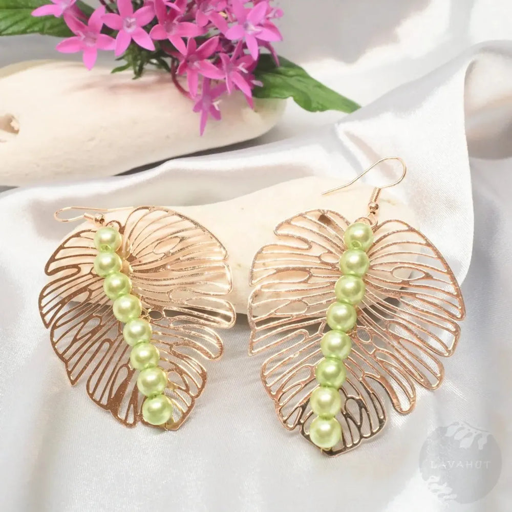 Emerald Monstera Golden Earrings - Made in Hawaii