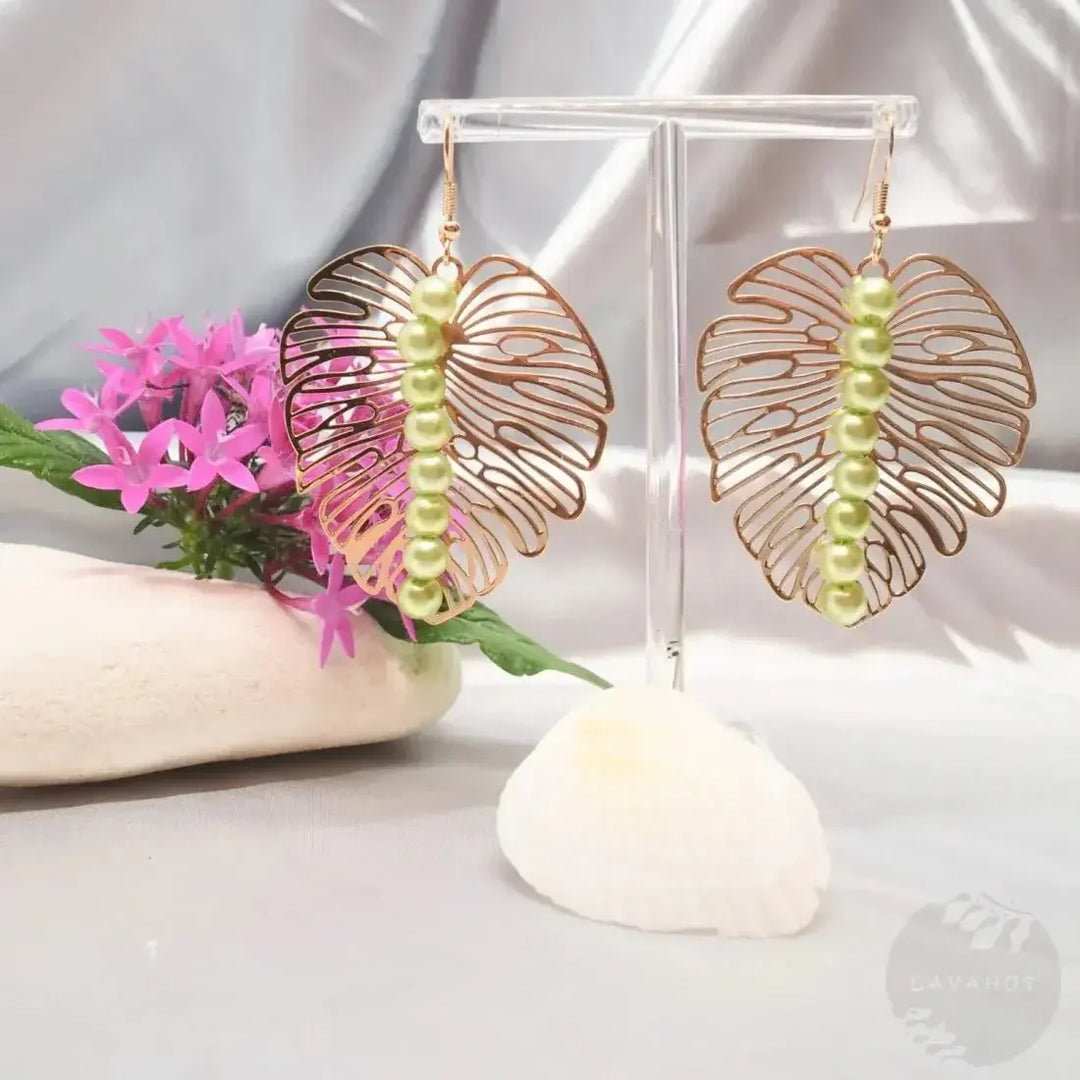 monstera plant earrings Emerald Monstera Golden Earrings for Tropical Elegance