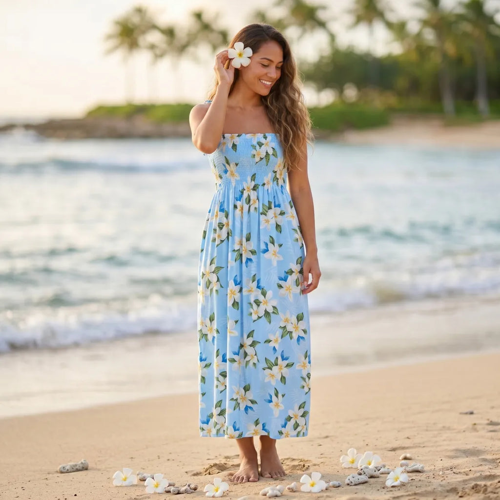 Escape Blue Maxi Hawaiian Dress with Allover Floral Design