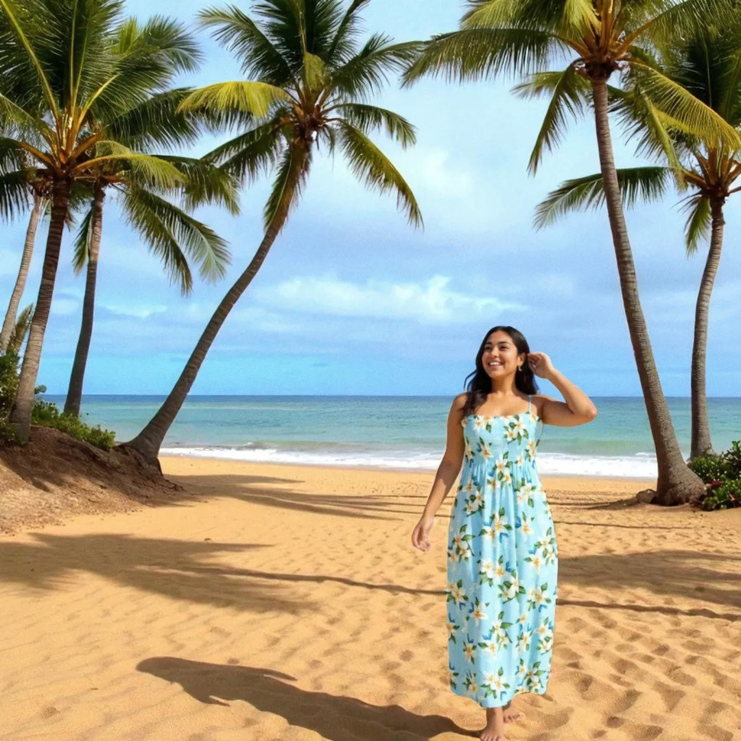 Escape Blue Maxi Hawaiian Dress with Allover Floral Design Escape Blue Maxi Hawaiian Dress with Allover Floral Design