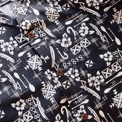 Fish & Paddle Black Hawaiian Rayon Shirt - Made In Hawaii