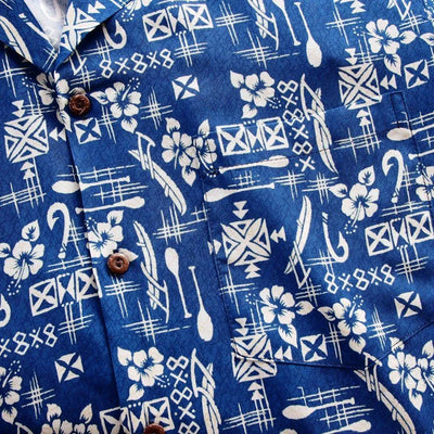 Fish & Paddle Blue Hawaiian Rayon Shirt - Made In Hawaii