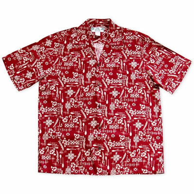 Fish & Paddle Red Hawaiian Rayon Shirt - Made In Hawaii