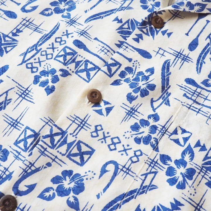 Fish & Paddle White Hawaiian Rayon Shirt - Made in Hawaii