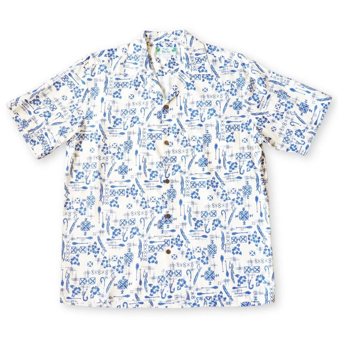 Fish & Paddle White Hawaiian Rayon Shirt - Made in Hawaii