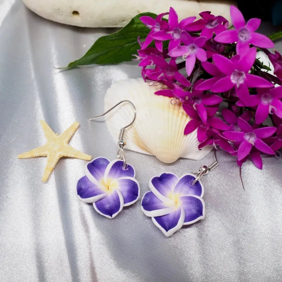 Flirty Plumeria Purple Drop Earrings – Authentic Hawaiian Earrings by Lavahut