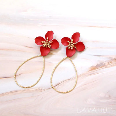 Flower Hoop Red Drop Earrings - Made In Hawaii