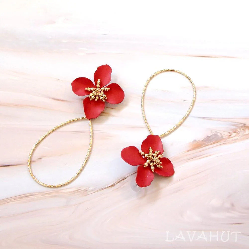 Flower Hoop Red Drop Earrings - Made In Hawaii