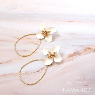 Flower Hoop White Drop Earrings - Made In Hawaii