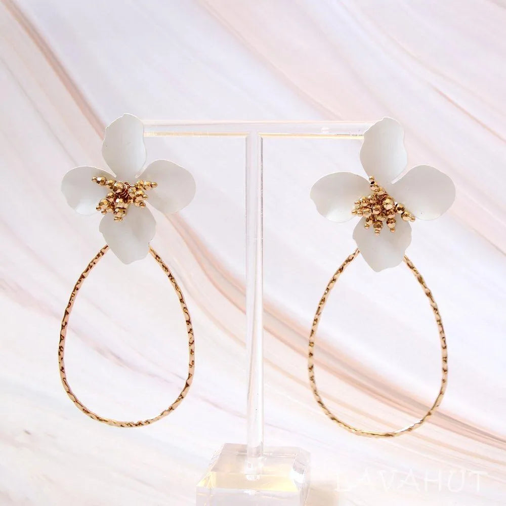Flower Hoop White Drop Earrings - Made In Hawaii