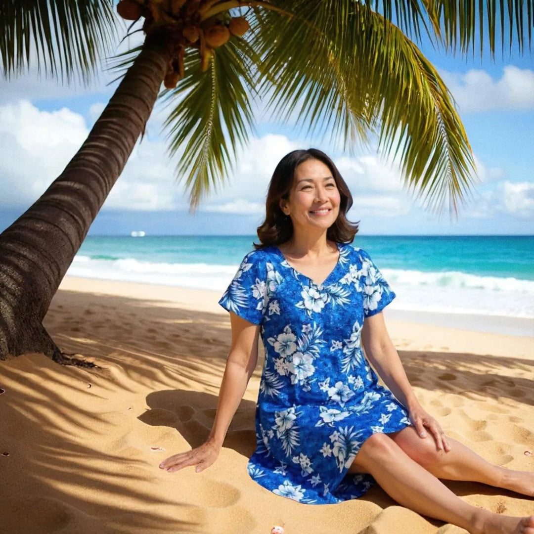 Flower Power Blue Cotton Hawaiian Tea Muumuu Dress - Made in Hawaii