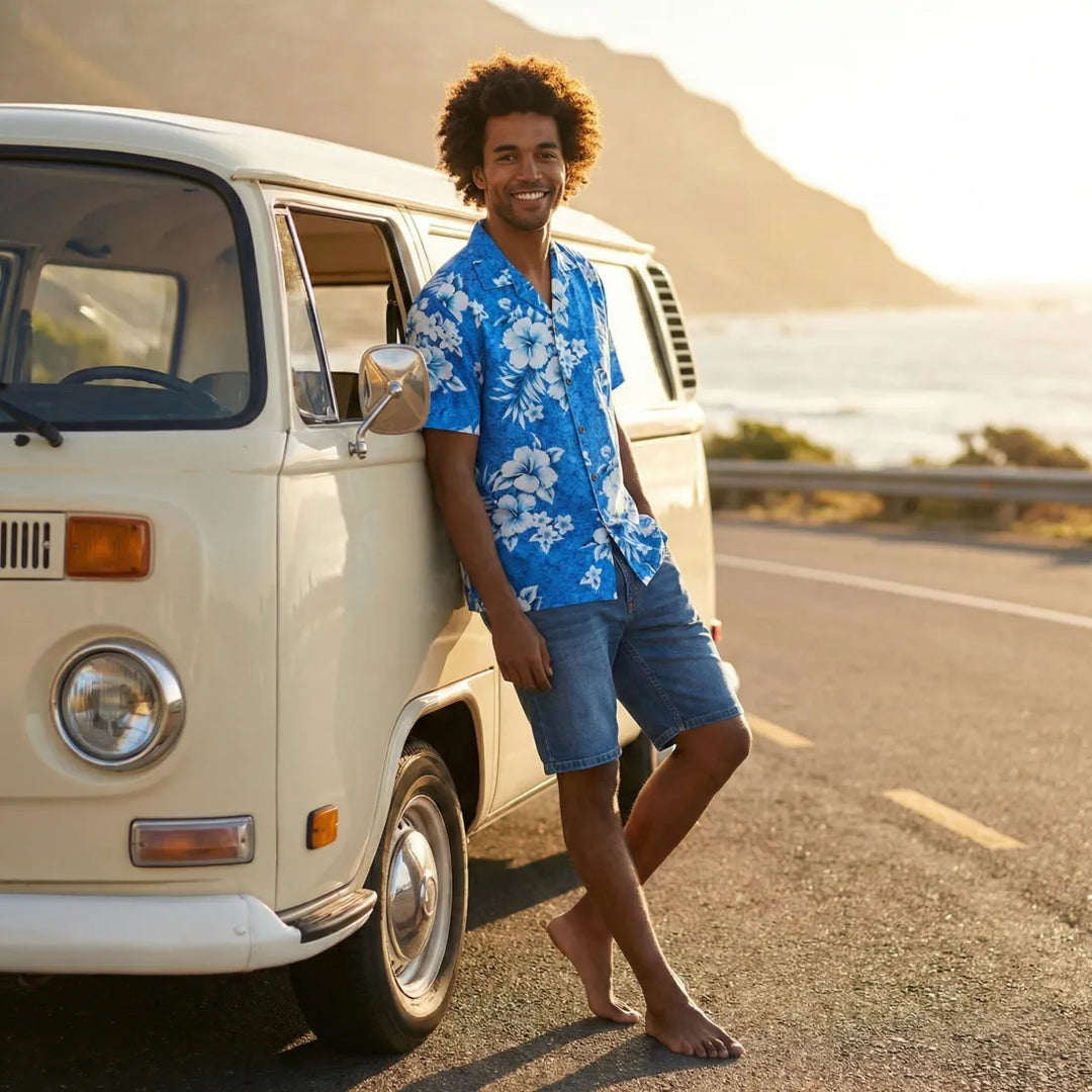 Flower Power Blue Hawaiian Cotton Shirt - Made in Hawaii