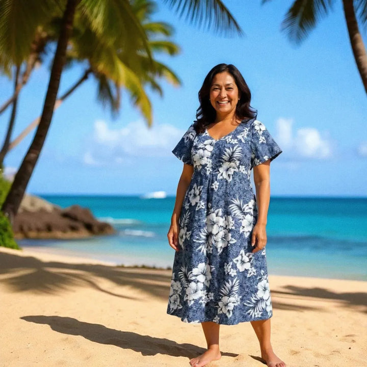 Flower Power Grey Cotton Hawaiian Tea Muumuu Dress - Made in Hawaii