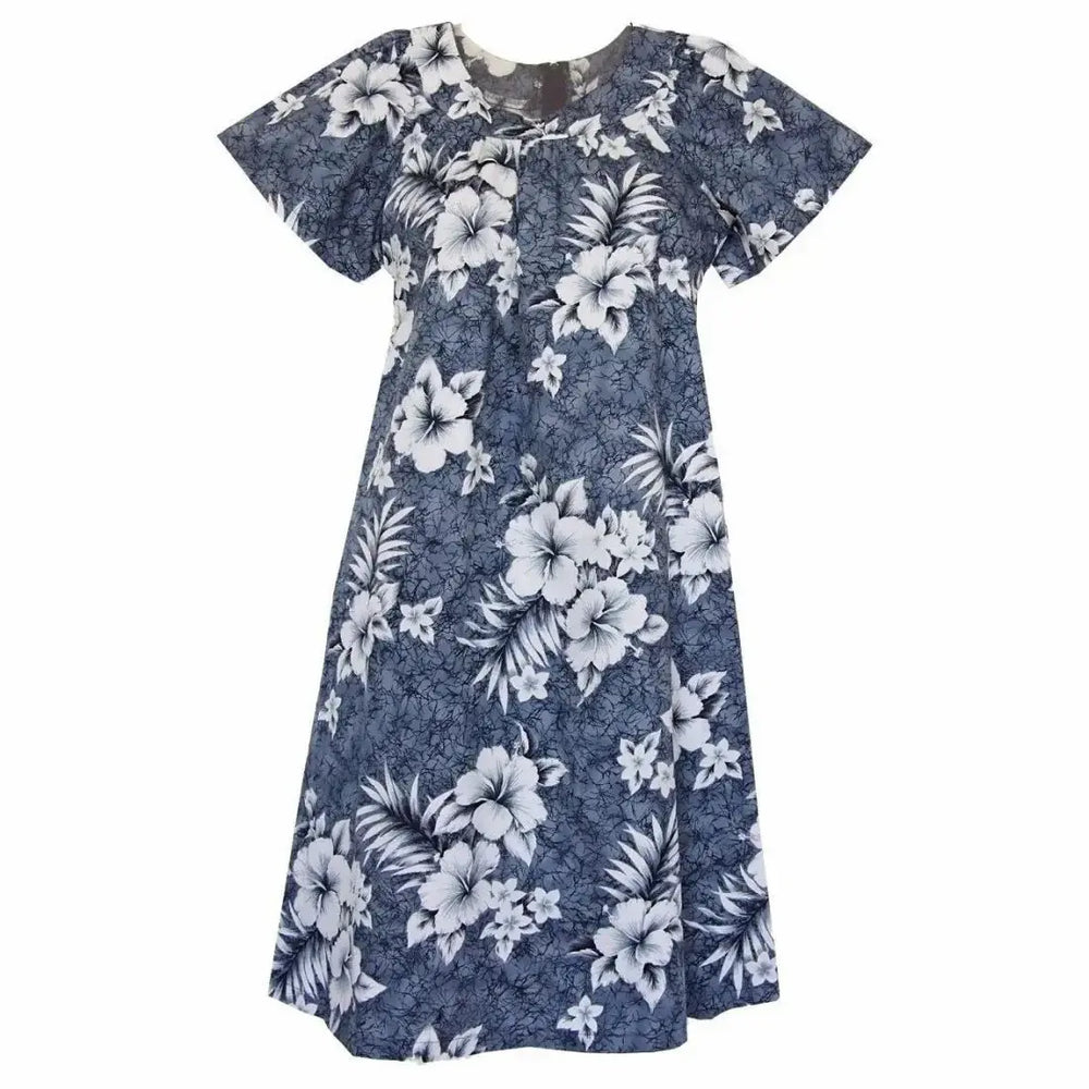 Flower Power Grey Cotton Hawaiian Tea Muumuu Dress Made in Hawaii