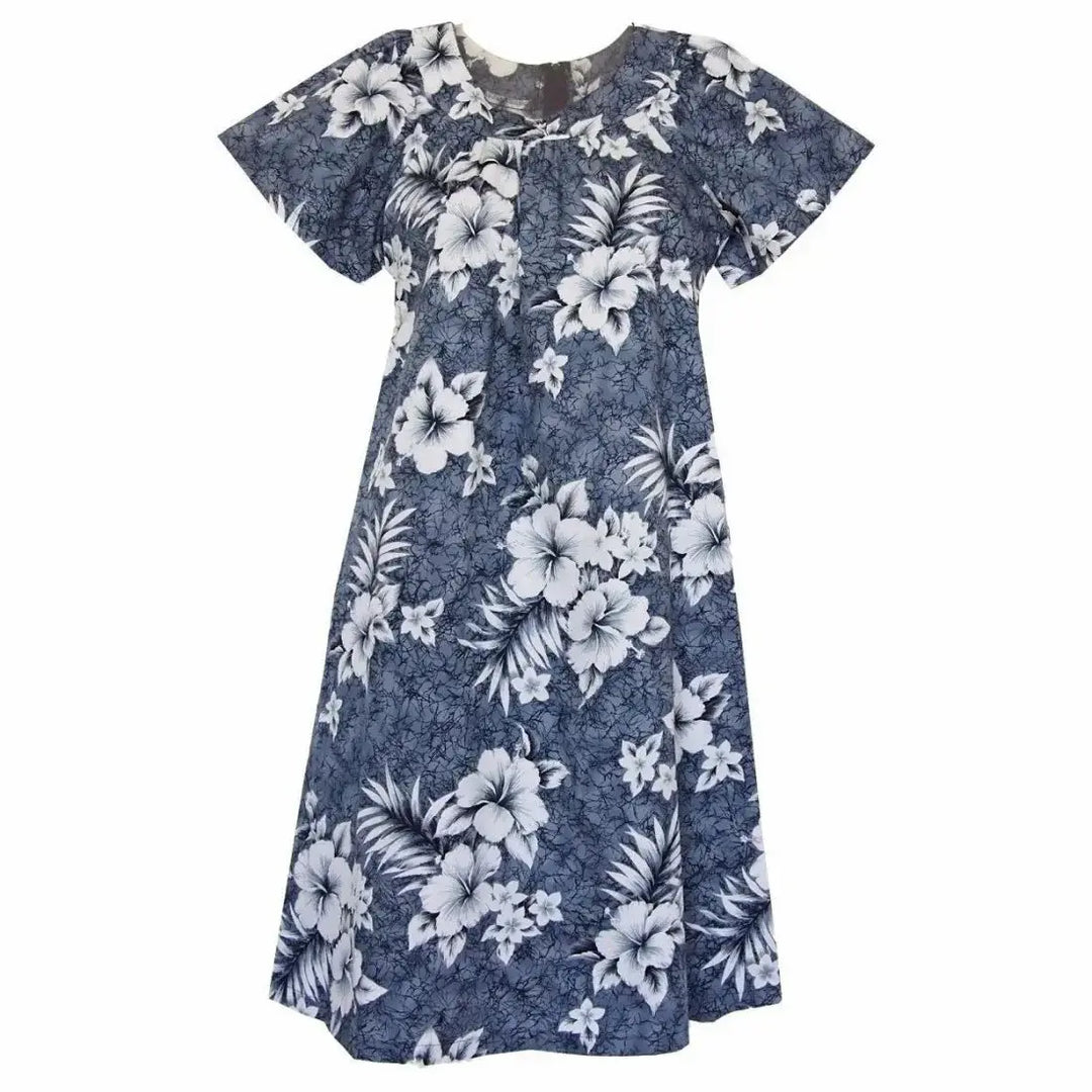 Flower Power Grey Cotton Hawaiian Tea Muumuu Dress Made in Hawaii