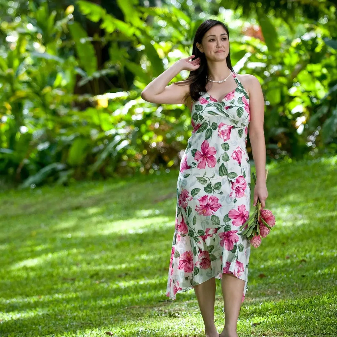 Garden White Akua Hawaiian Halter Dress - Made in Hawaii