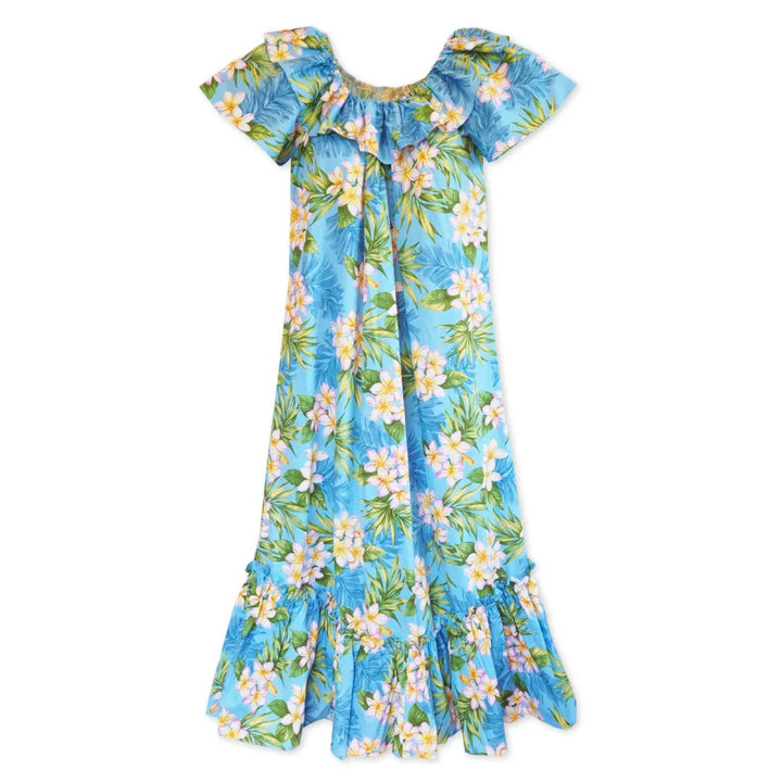 Gardens Blue Long Ruffle Hawaiian Muumuu Dress - Made in Hawaii