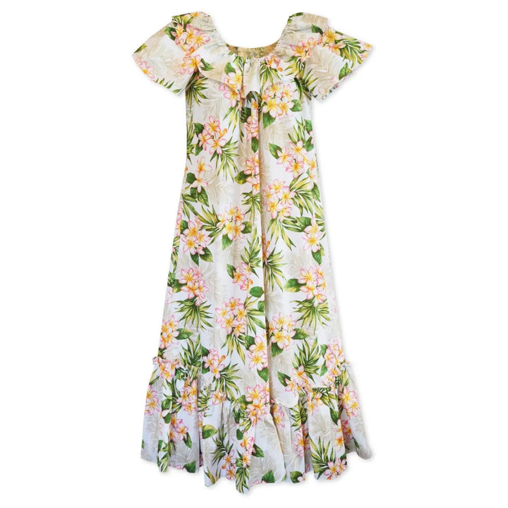 Gardens Cream Long Ruffle Hawaiian Muumuu Dress - Made in Hawaii