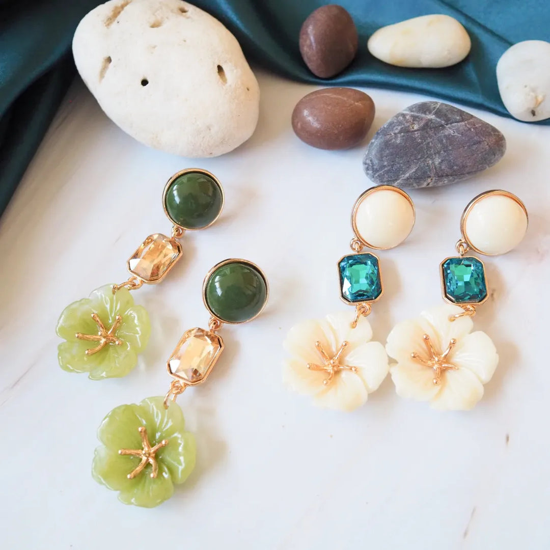 Green Floral Gemstone Drop Earrings - Made in Hawaii