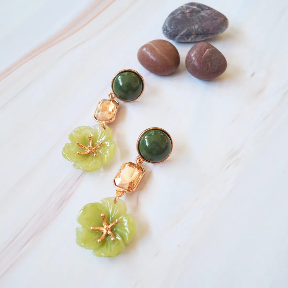 Green Floral Gemstone Drop Earrings - Made in Hawaii