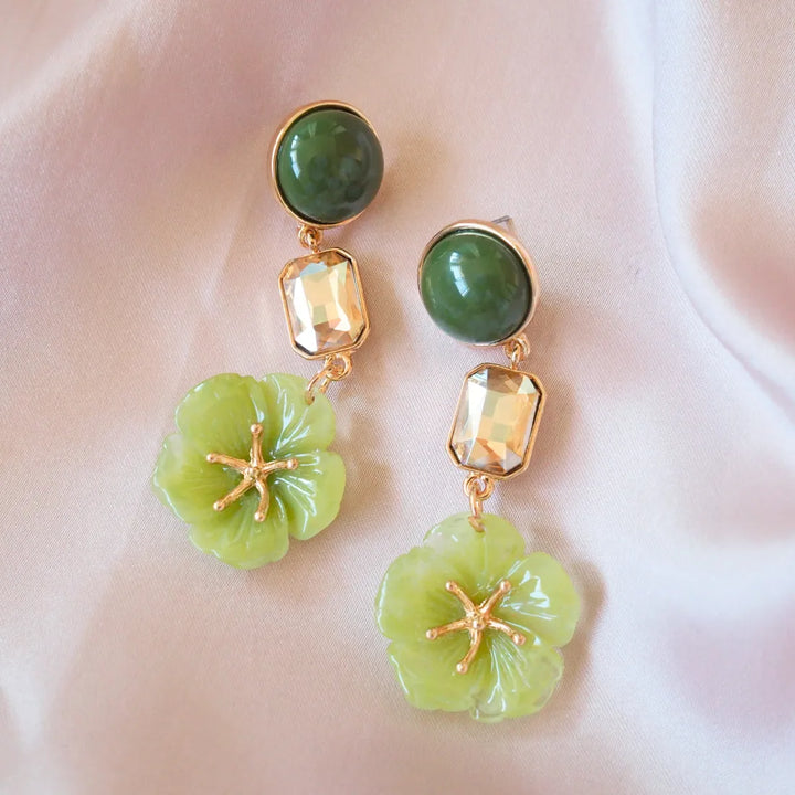 Green Floral Gemstone Drop Earrings - Made in Hawaii